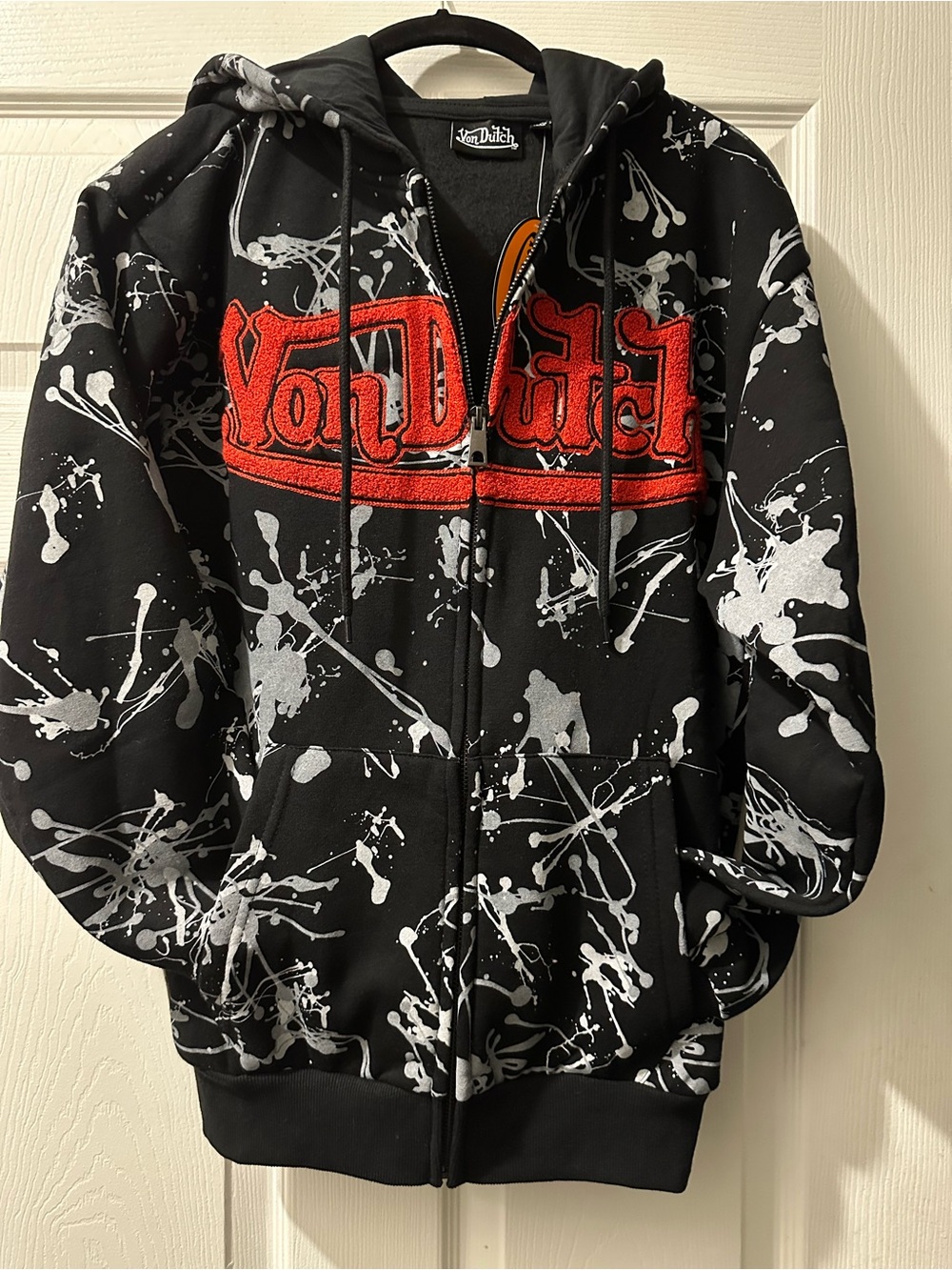 NEW w/ tag Von Dutch Black Hoodie with Grey & White Paint Splatter and Red Logo